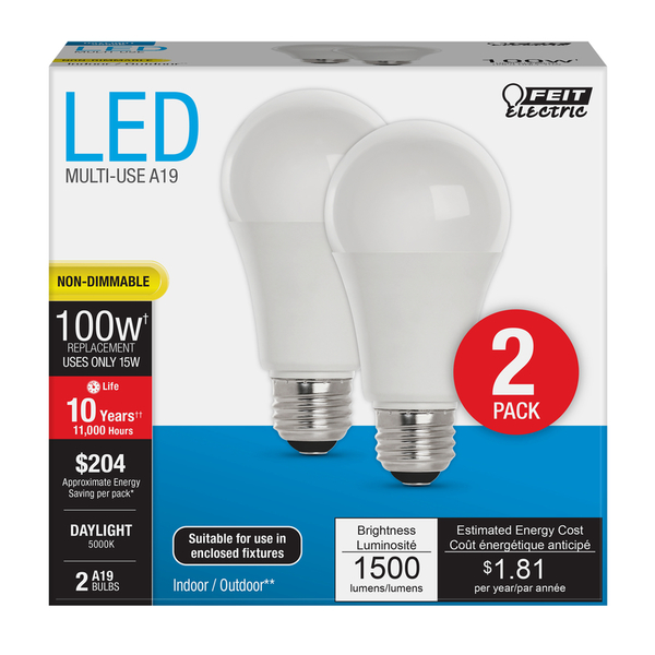 Feit Electric LED A19 E26 100W DL 2PK A160085010KLED2